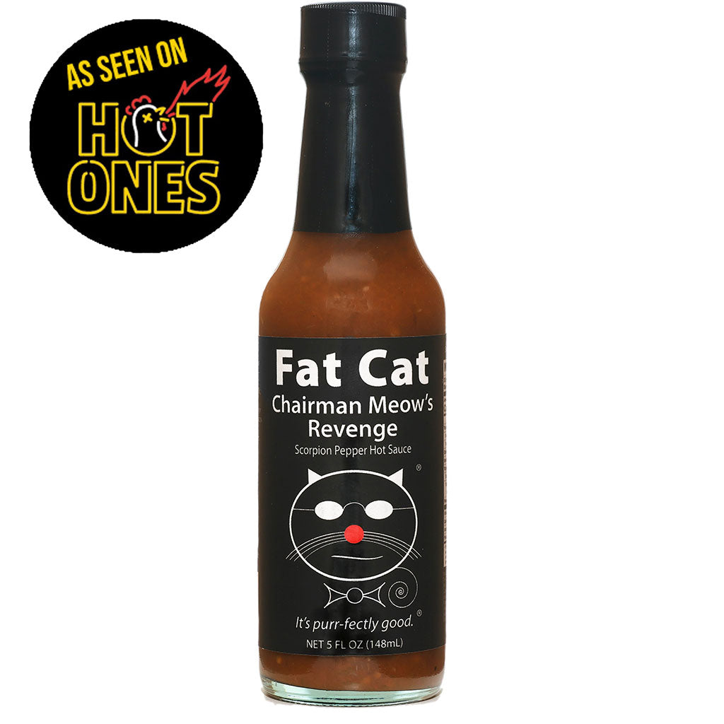 Bottle of KINGKONG金刚弹珠赛车 Chairman Meow's Revenge hot sauce with a black label and 'As Seen on Hot Ones' badge.